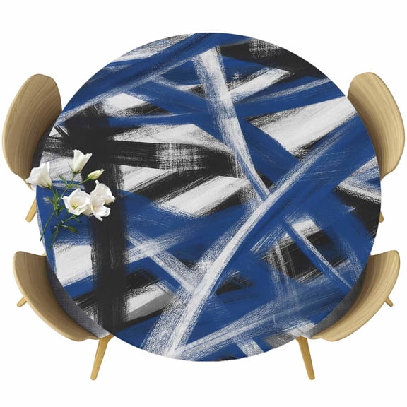 Abstract Blue Waves Round Tablecloth 36-44 Inch Round Fitted Table Cloth with Elastic Edge, Botanical Modern Black Striped Waterproof Table Cover Protector for Outdoor Picnic Party Dining