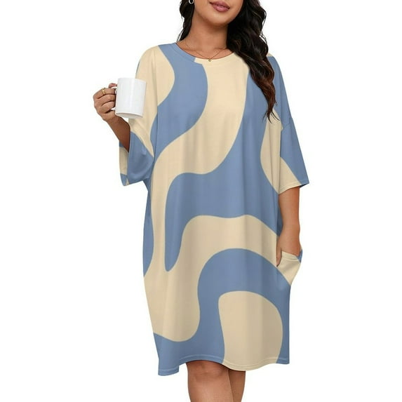 Abstract Blue Wavy Pattern Design Sleepshirts For Sleeping Travels Loose Sleepdress Pajama Dress Soft Nightdress Sleepwear