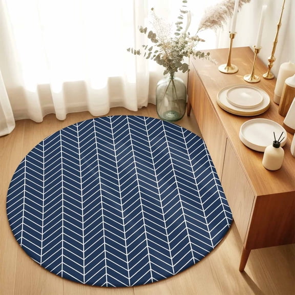 Abstract Blue White Chevron Texture Round Rug 3ft Geometric Herringbone Washable Area Rugs for Living Room Bedroom Entryway Non Slip Entrance Door Mat Indoor Floor Carpet