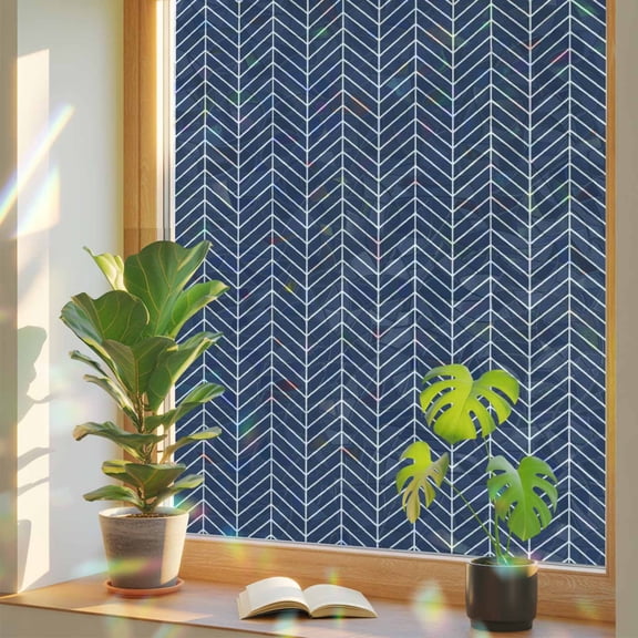 Abstract Blue White Chevron Texture Window Privacy Film, Rainbow Film Decorative Window Sticker 17.7x39.3in, Geometric Herringbone Sun Blocking Static Stained Glass Cling Tint Non-Adhesive