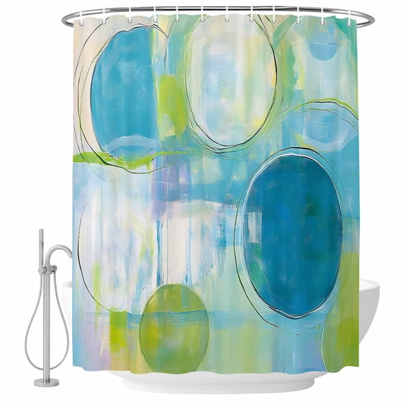 Abstract Blue White Green Printing Fabric Shower Curtain Graffiti Washable Shower Curtains for Bathroom, Waterproof Bath Curtain with Hooks Home Decor 72x72in