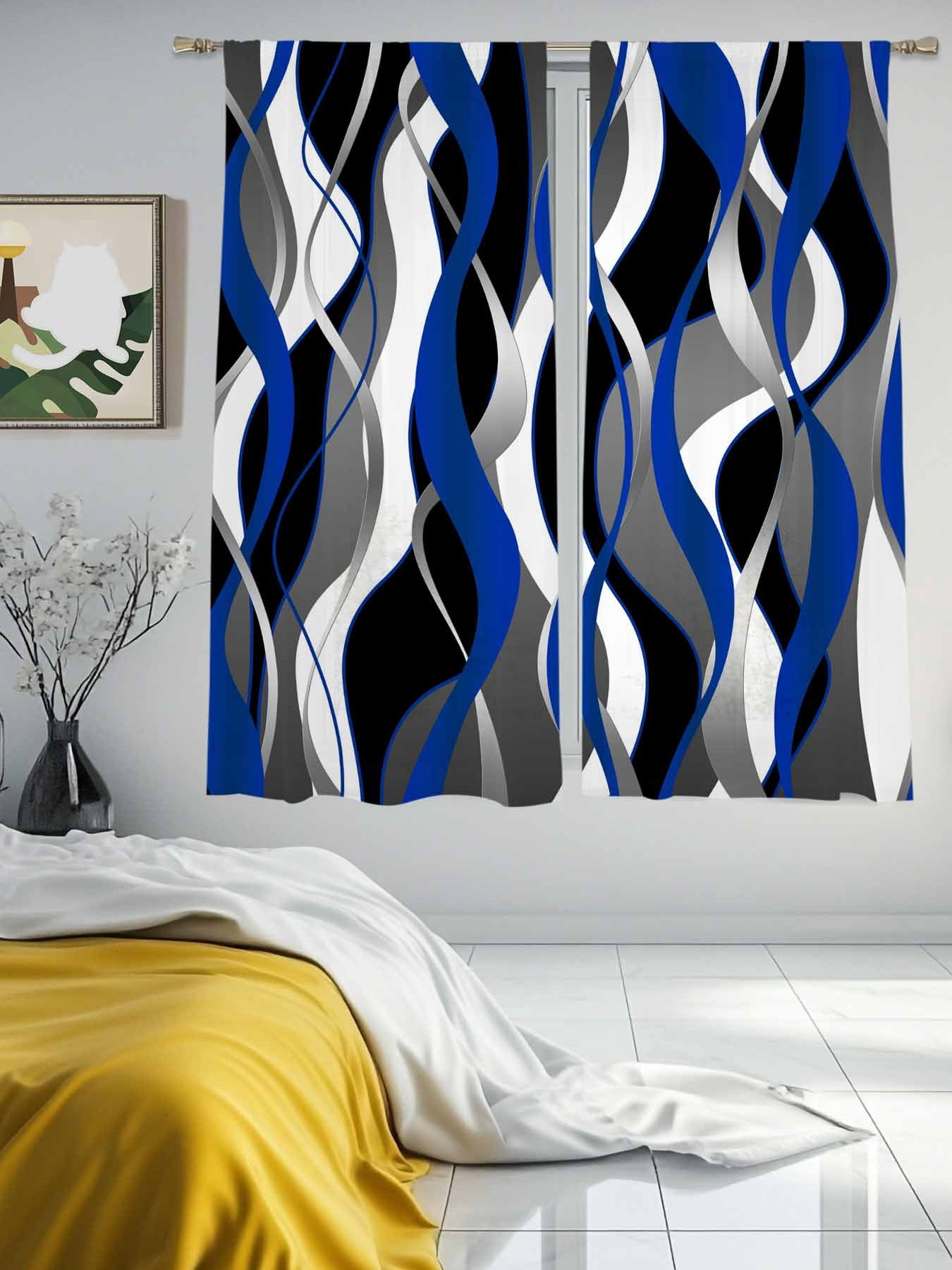 Abstract Blue White Grey Linen Sheer Curtains 2 Panels Set Modern ...