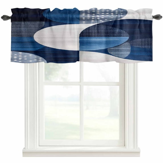 Abstract Blue White Painting Window Valance Curtain Modern Geometric Rod Pocket Short Curtain for Living Room, Bedroom & Kitchen Window Decor 42x18in