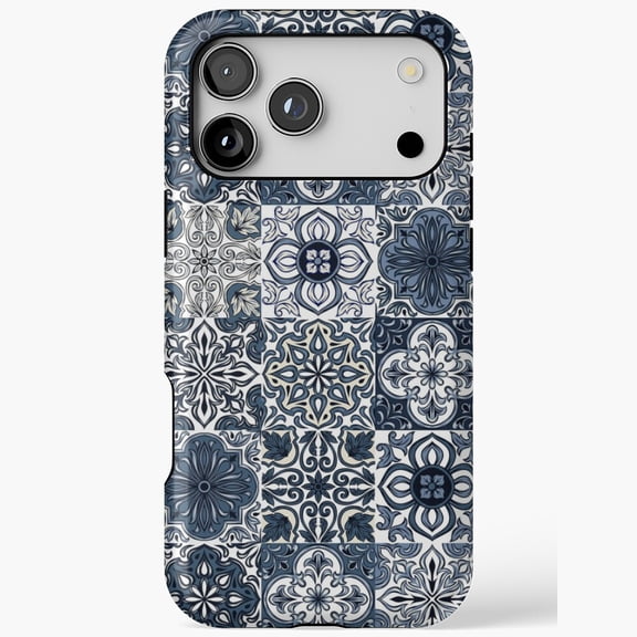 Abstract Blue White Patterns Ceramic Tile Design Phone Case 17 16 15 14 13 12 11 Pro Max