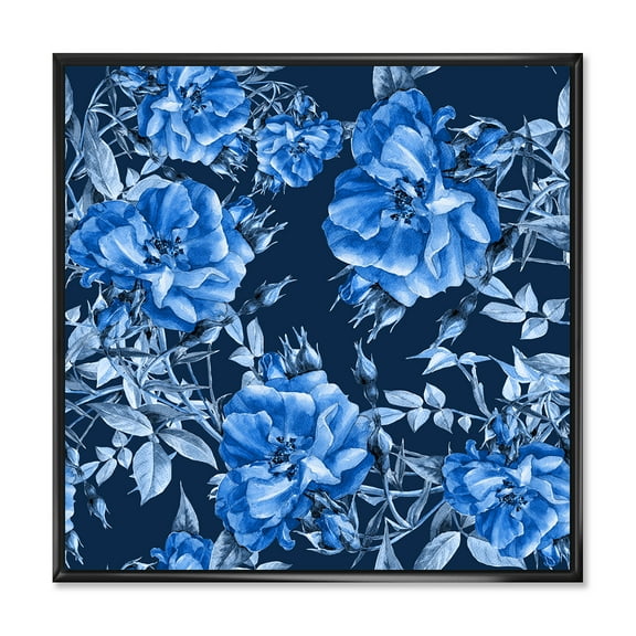 Abstract Blue Wildflowers 16 in x 16 in Framed Painting Canvas Art Print, by Designart