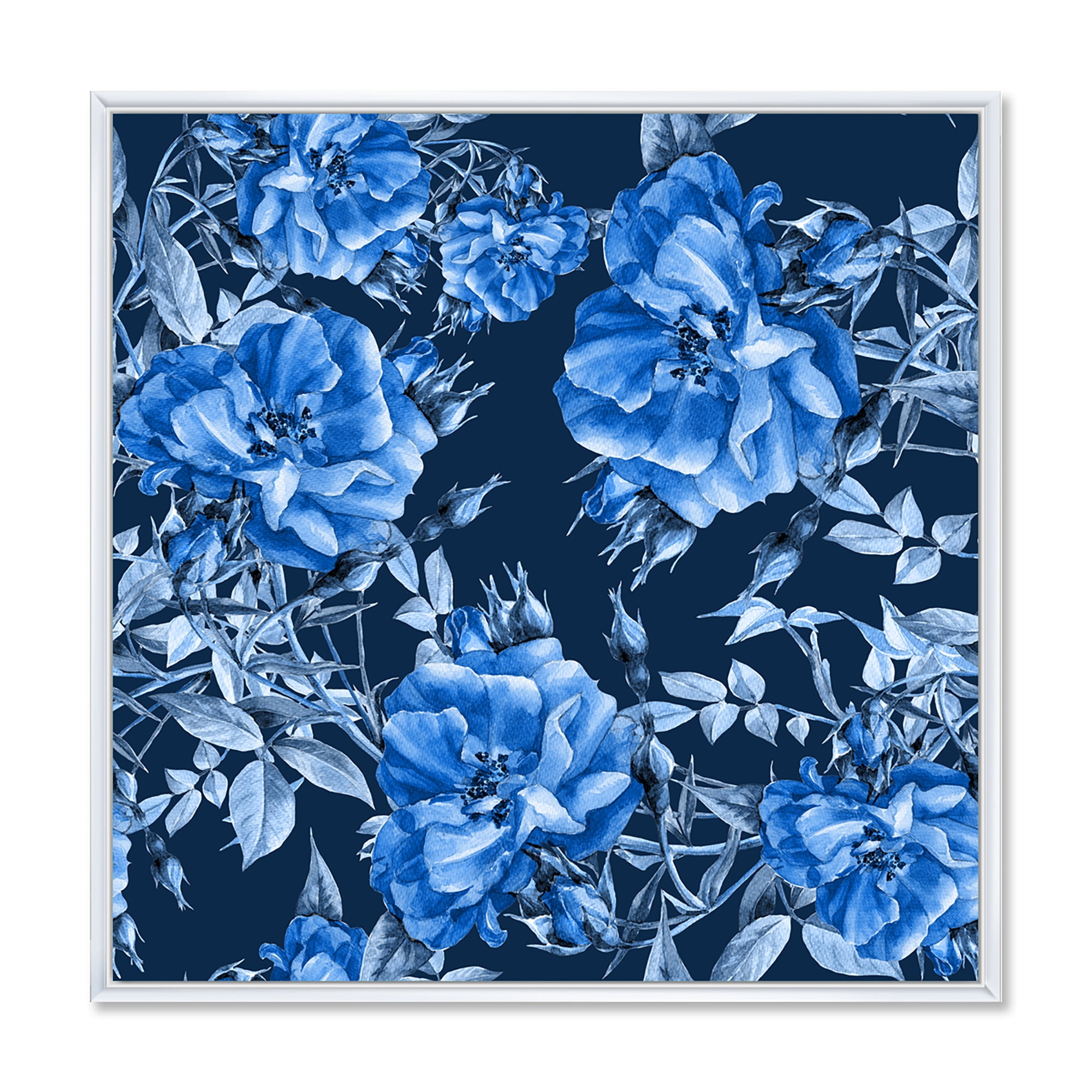 Abstract Blue Wildflowers 36 in x 36 in Framed Painting Canvas Art Print, by Designart