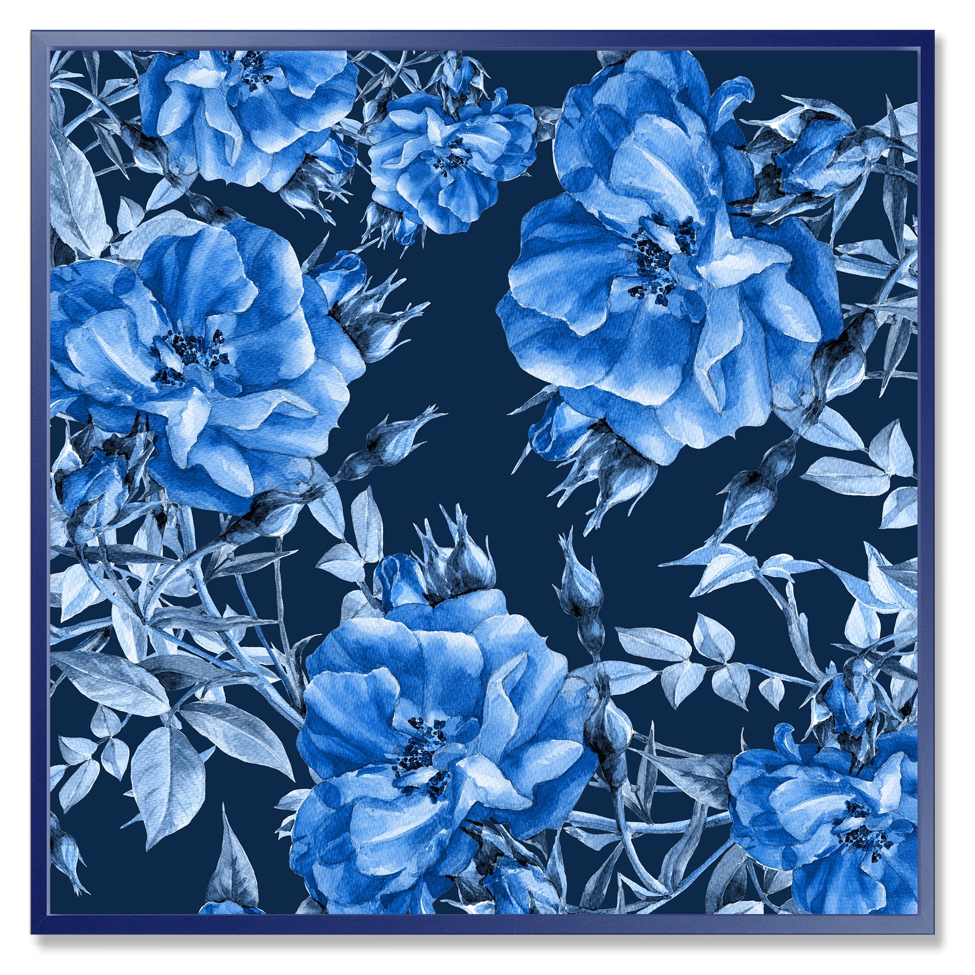 Abstract Blue Wildflowers 36 in x 36 in Framed Painting Canvas Art Print, by Designart