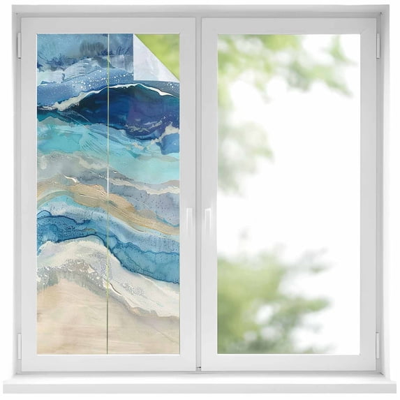 Abstract Blue Window Privacy Film Gradient Beach Ocean Wave Oil Painting Decorative Glass Window Film UV Blocking Static Cling Non-Adhesive Sticker Covering for Home Door 19.6 x 39.3 inches