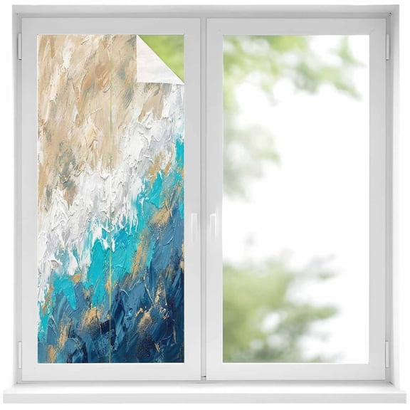 Abstract Blue Window Privacy Film, Gradient Vintage Ombre Mottled Oil Painting Static Cling UV Sun Blocking Heat Control Window Tint Day and Night, Non-Adhesive One Way Privacy Cover 19.6''x39.3''