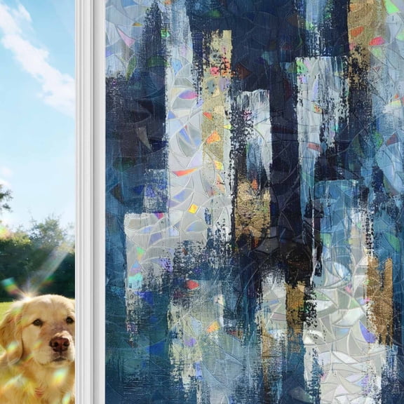 Abstract Blue Window Privacy Film Stain Glass,Reusable Decorative Rainbow Window Film,Splatter Foil Painting Grunge Modern Art Static Cling Sun Blocking Stickers Decals Covers 17.7" x 39.3" (2pcs)