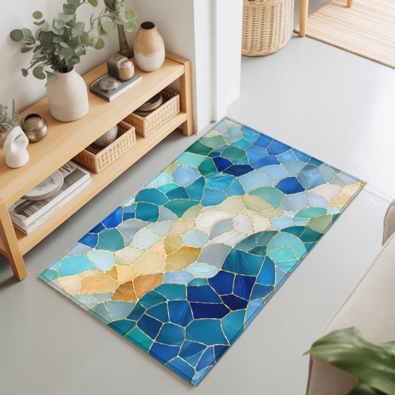 Abstract Blue Yellow Glass Shard Rectangle Area Rug 2x3ft,Living Room Rug Non-Slip Washable Circle Rugs Pad,Seamless Broken Tile Print Soft Floor Carpet for Bedroom Dining Room
