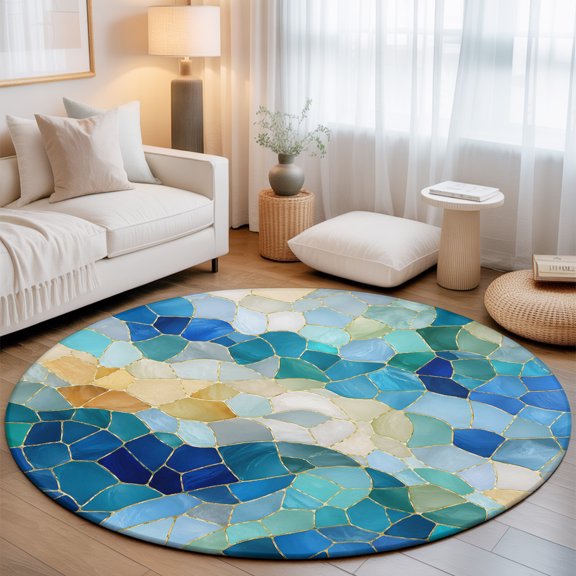 Abstract Blue Yellow Glass Shard Round Area Rug 5ft,Living Room Rug Non-Slip Washable Circle Rugs Pad,Seamless Broken Tile Print Soft Floor Carpet for Bedroom Dining Room