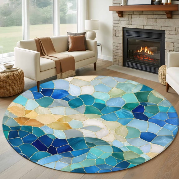 Abstract Blue Yellow Glass Shard Round Rug 5ft Seamless Broken Tile Print Washable Area Rugs for Living Room Bedroom Entryway Non Slip Entrance Door Mat Indoor Floor Carpet