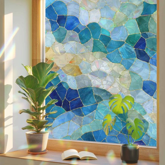 Abstract Blue Yellow Glass Shard Window Privacy Film, Rainbow Film Decorative Window Sticker 17.7x39.3in, Seamless Broken Tile Print Sun Blocking Static Stained Glass Cling Tint Non-Adhesive