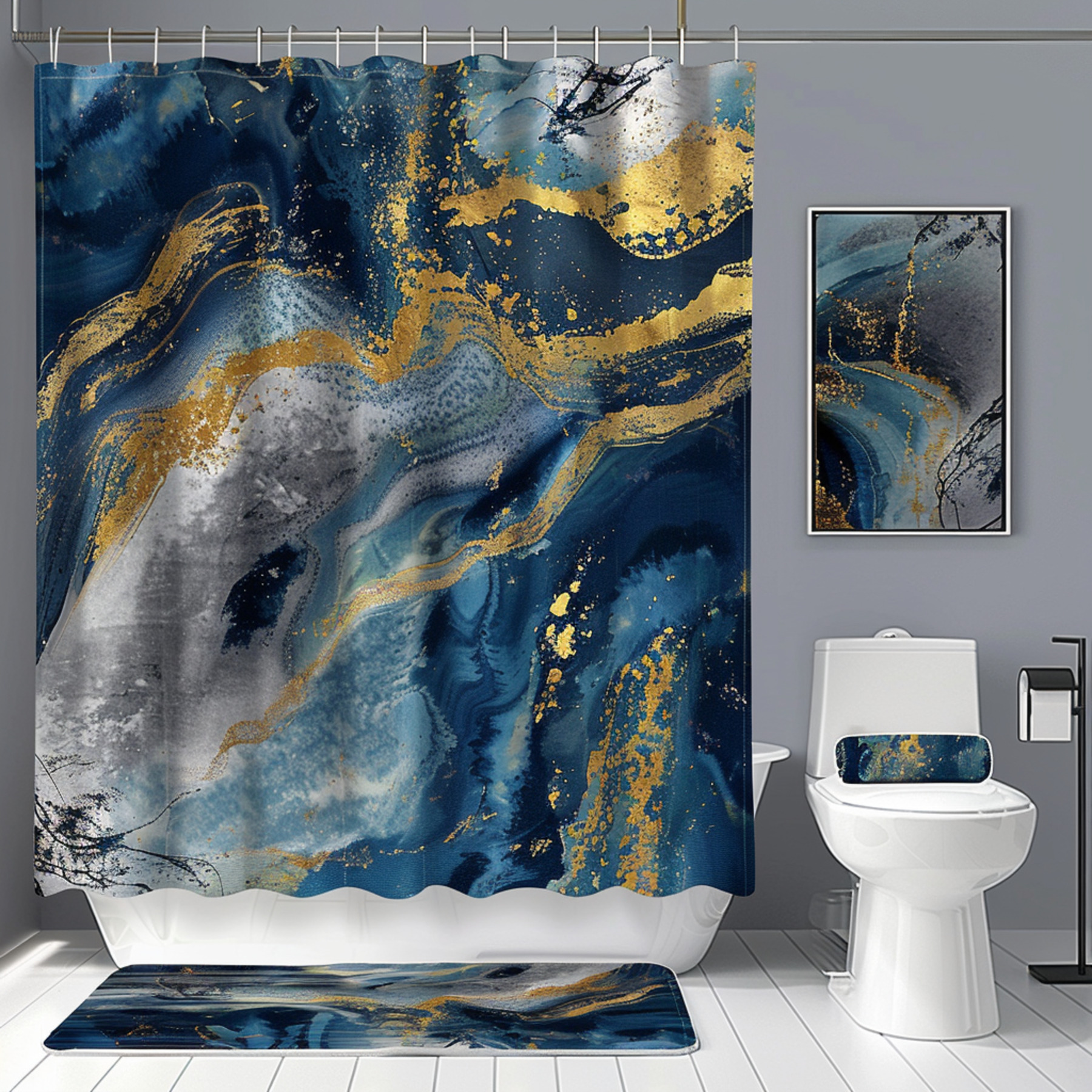 Abstract Blue and Gold Bathroom Set with Modern Art Style Shower