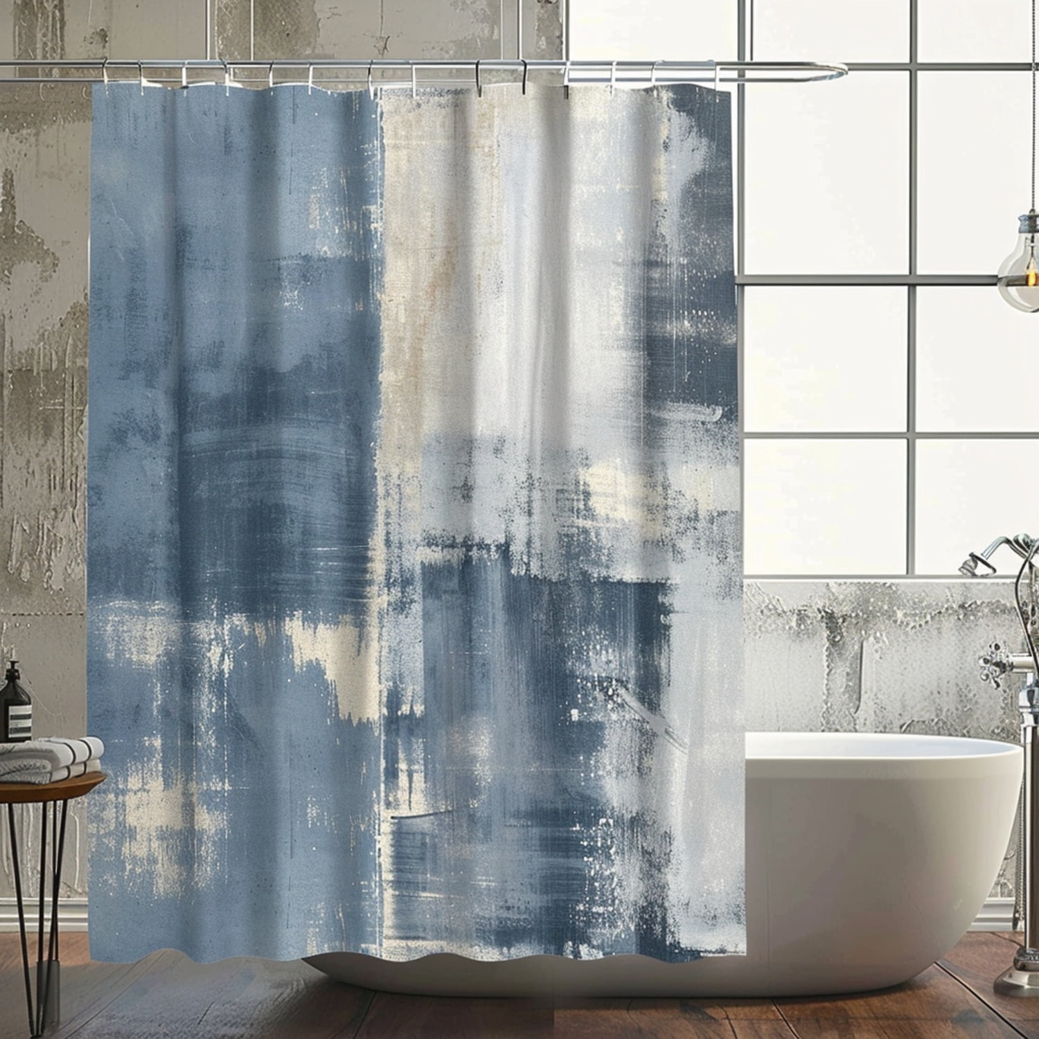Abstract Blue and Gray Grunge Bathroom Curtain with Vintage-Inspired ...