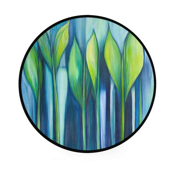 Abstract Blue and Green Leaves Memory Foam Bath Mat 36" Absorbent Rug with Non Slip Base and 4 Bonus Pads