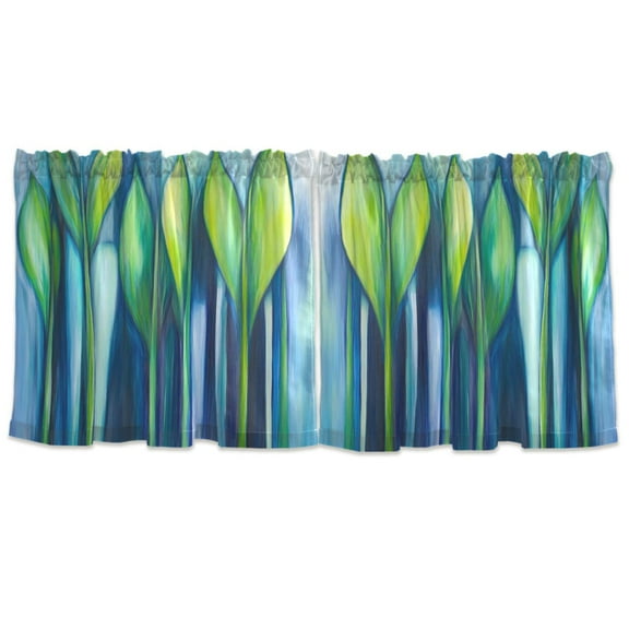 Abstract Blue and Green Leaves Tier Curtains for Kitchen 57x36 Inch Semi Sheer Light Filtering Half Window Curtains 2 Panels