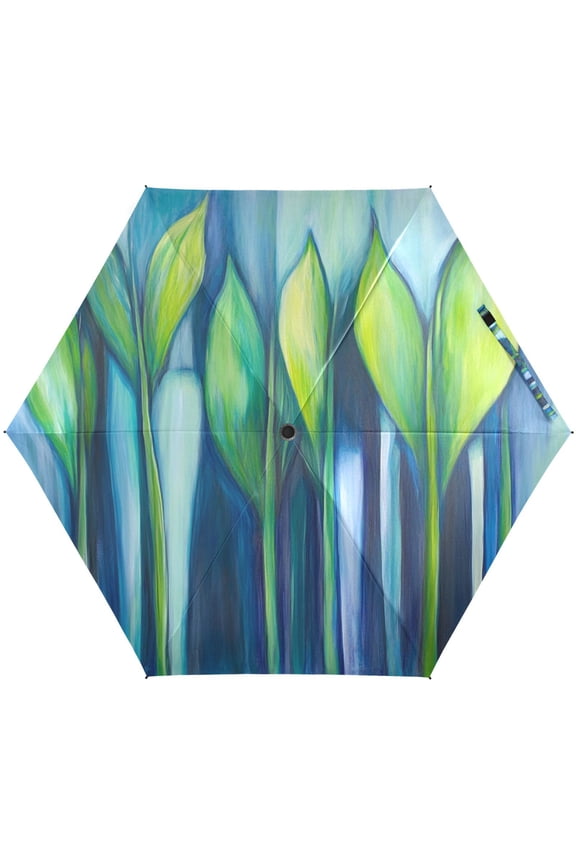 Abstract Blue and Green Leaves Umbrellas for Sun Auto Open Close UV50+ Waterproof 5-Fold Compact Fiberglass Frame