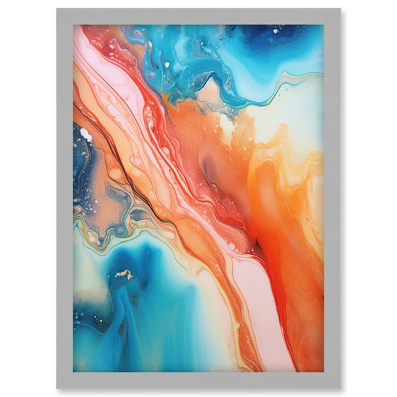 Abstract Blue and Orange Fluid Flow Painting Water Meets Oil Artwork Framed Wall Art Print A4