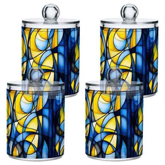 Abstract Blue and Yellow Bathroom Canisters Set of 4 Translucent Plastic Storage for Cotton Pads and Floss