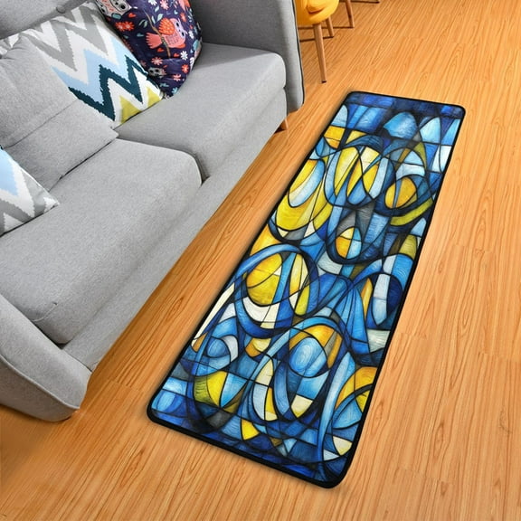 Abstract Blue and Yellow 72x24" Runner Rug, Non-Slip Memory Foam Cushion, Anti-Crease for Hallways and Bedrooms
