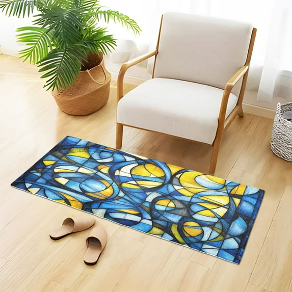 Abstract Blue and Yellow 39x20" Bath Mat Carpet, Absorbent and Non-Slip for Kitchen or Bathroom, Quick-Drying