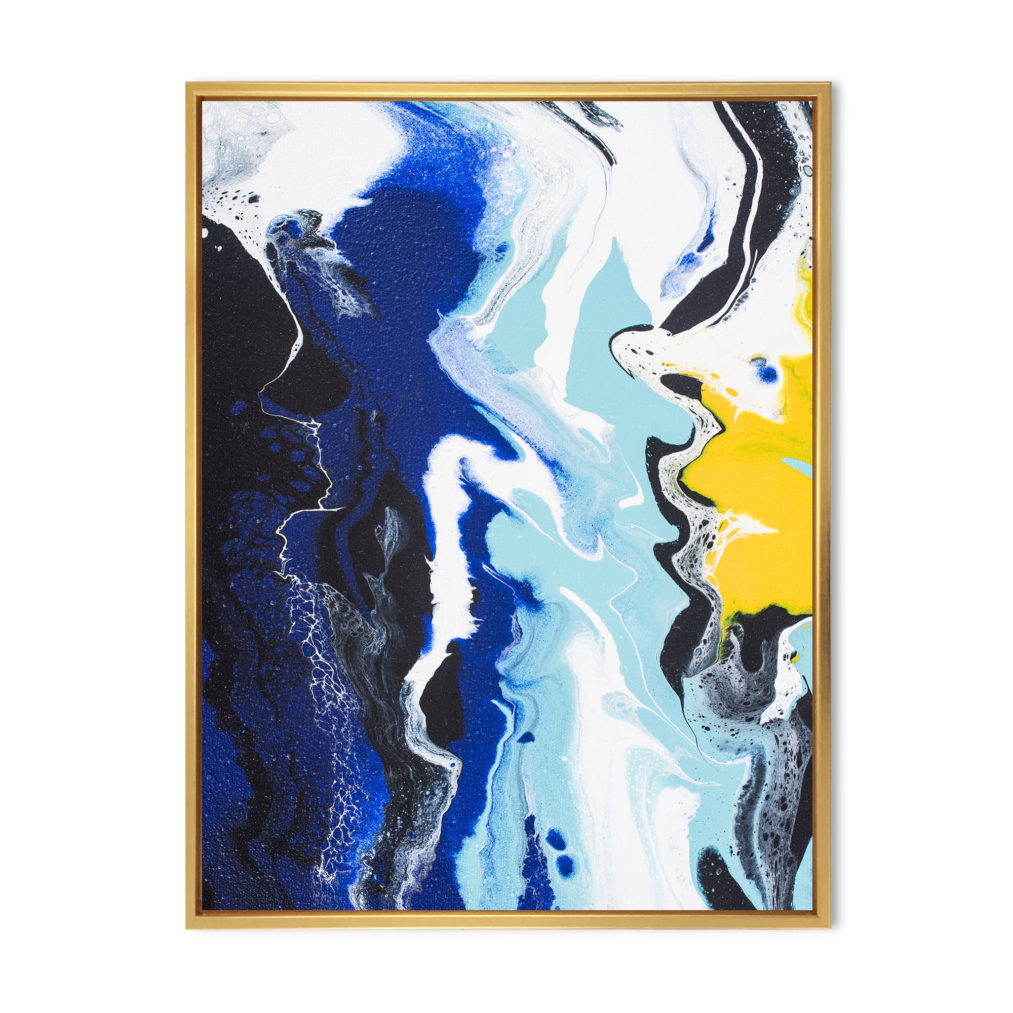 Abstract Blue and Yellow Waves 24 in x 32 in Framed Painting Canvas Art Print, by Designart