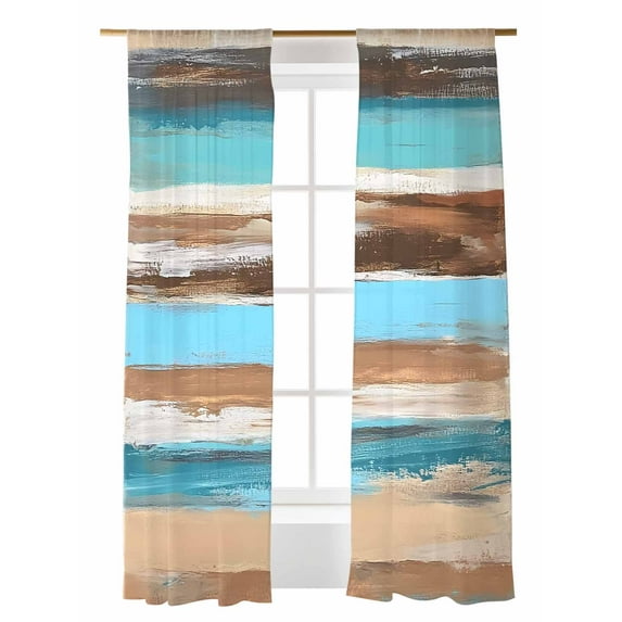Abstract Board Sheer Curtains 108 Inch Long 2 Panels, Turquoise Brown Wood Grain Rustic Light Filtering Rod Pocket Semi Sheer Curtains, Sheer Voile Drapes for Living Room Bedroom, 52"x108"