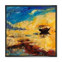 Abstract Boat At The Ocean Horizon During Sunset 16 in x 16 in Framed Painting Canvas Art Print, by Designart