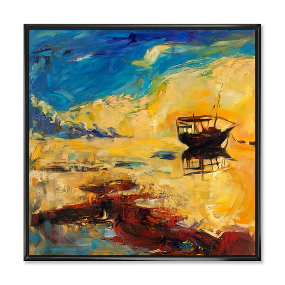 Abstract Boat At The Ocean Horizon During Sunset 16 in x 16 in Framed Painting Canvas Art Print, by Designart