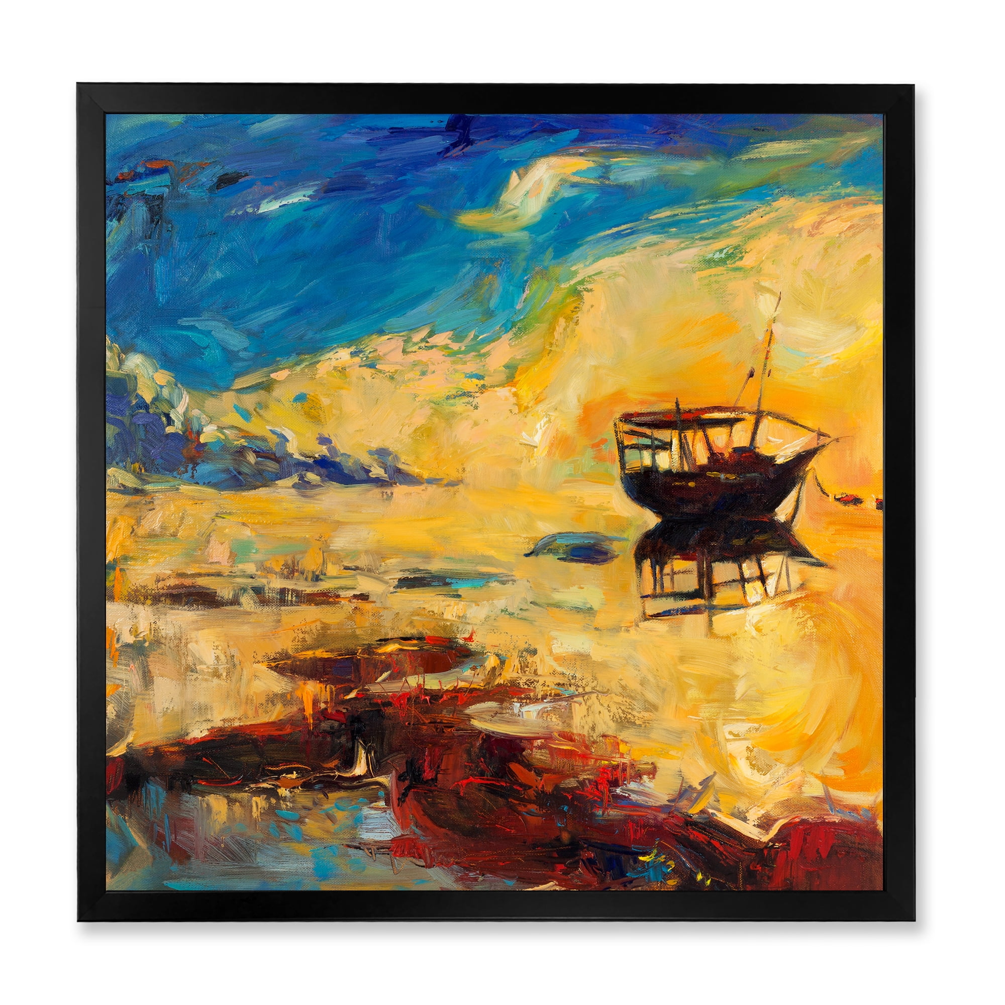Abstract Boat At The Ocean Horizon During Sunset 30 in x 30 in Framed Painting Canvas Art Print, by Designart