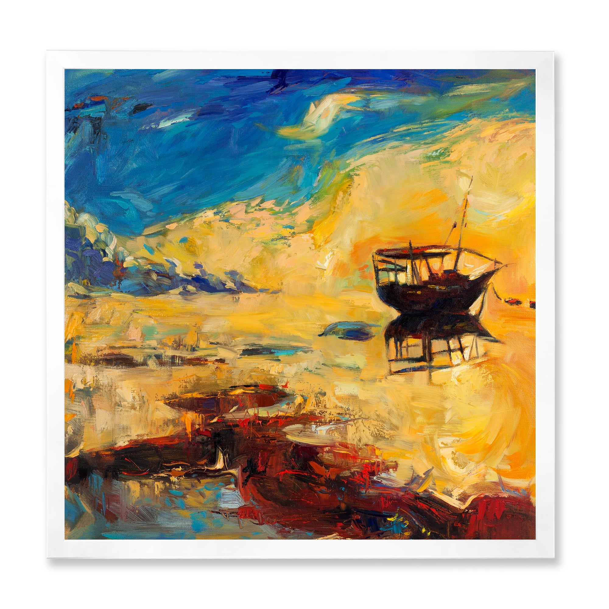 Abstract Boat At The Ocean Horizon During Sunset 30 in x 30 in Framed Painting Canvas Art Print, by Designart