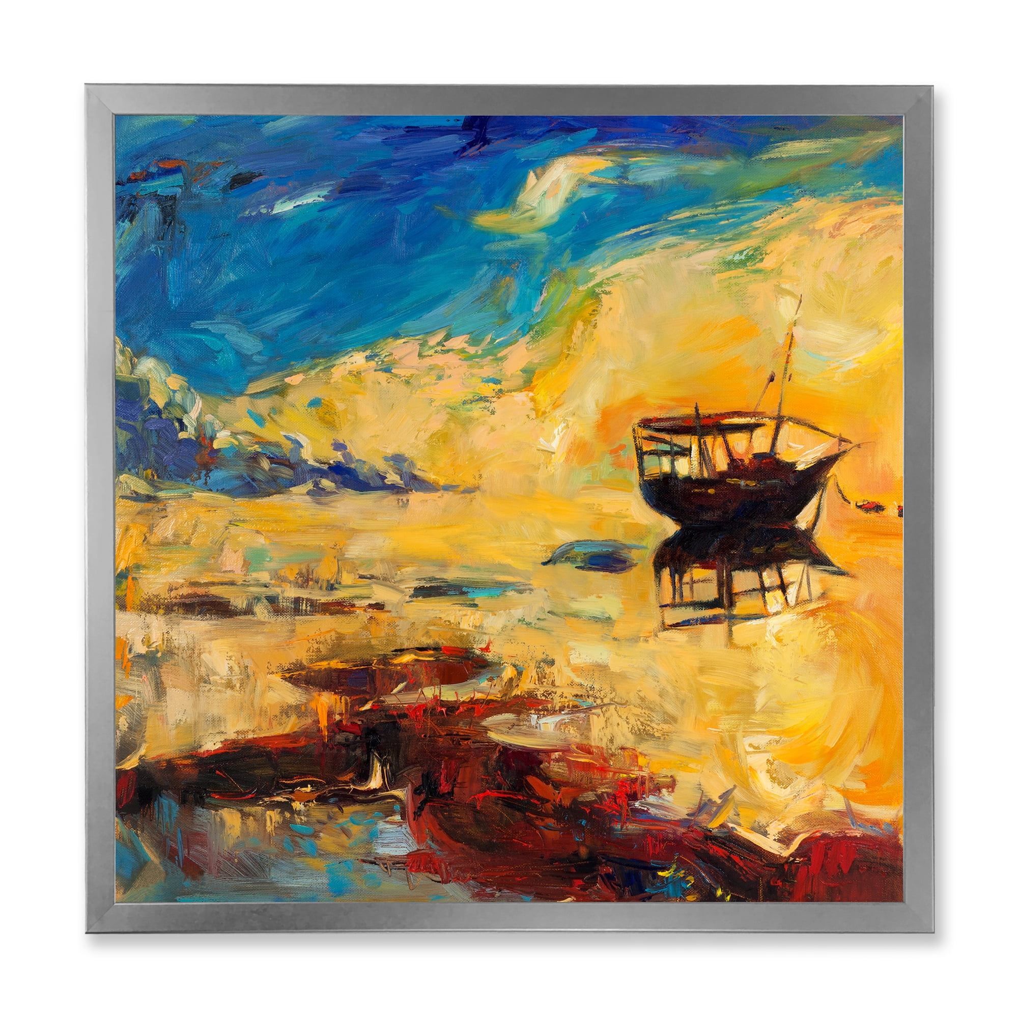 Abstract Boat At The Ocean Horizon During Sunset 36 in x 36 in Framed Painting Canvas Art Print, by Designart