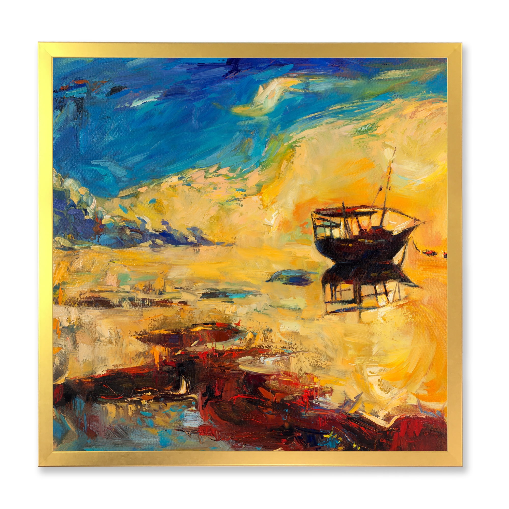 Abstract Boat At The Ocean Horizon During Sunset 36 in x 36 in Framed Painting Canvas Art Print, by Designart