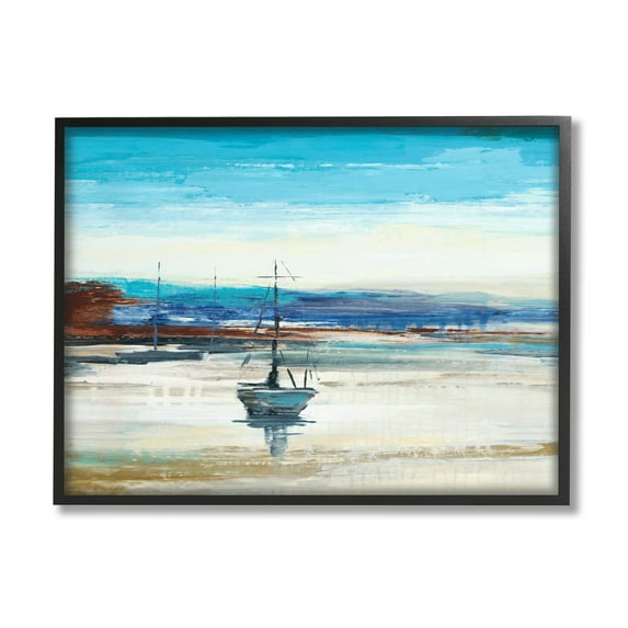 Abstract Boat Sea Reflection Coastal Painting Black Framed Art Print Wall Art