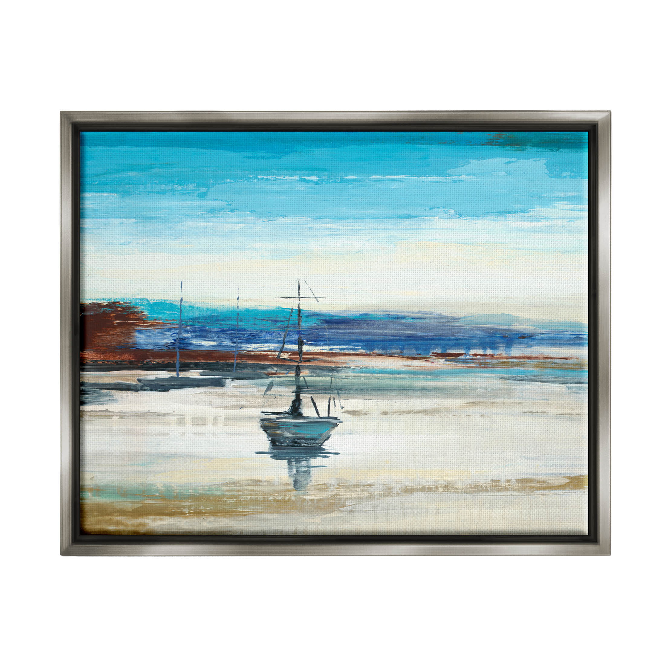 Abstract Boat Sea Reflection Coastal Painting Luster Gray Framed Art Print Wall Art