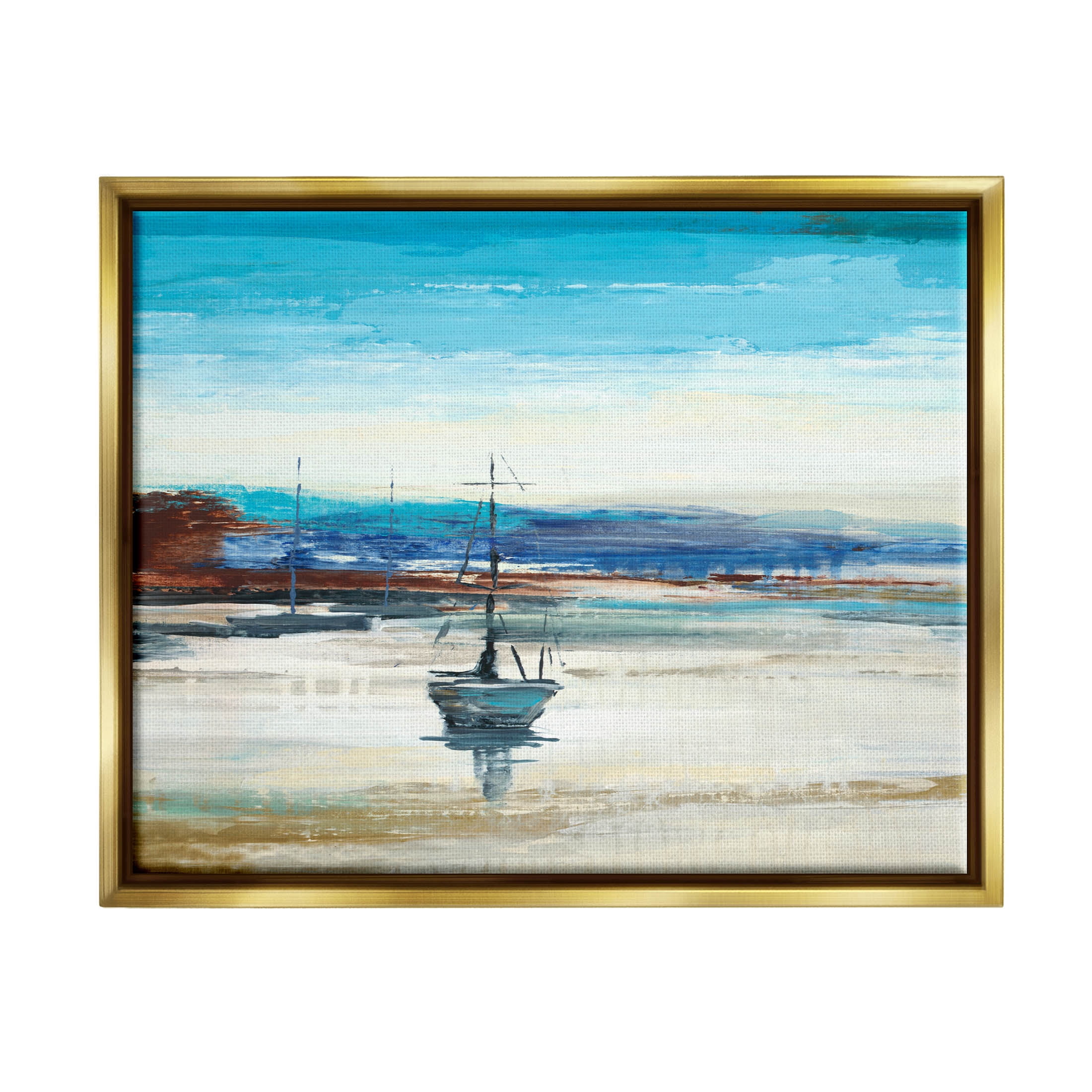 Abstract Boat Sea Reflection Coastal Painting Metallic Gold Framed Art Print Wall Art