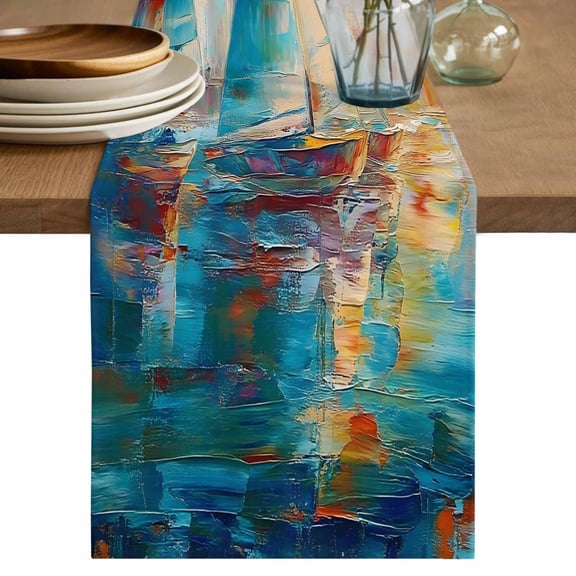 Abstract Boat Table Runner, Color Oil Painting Minimalist Art Modernism Cotton Linen Kitchen Table Decoration Washable Dining Tabletop Runners for Home Party Decor 13x48 Inches