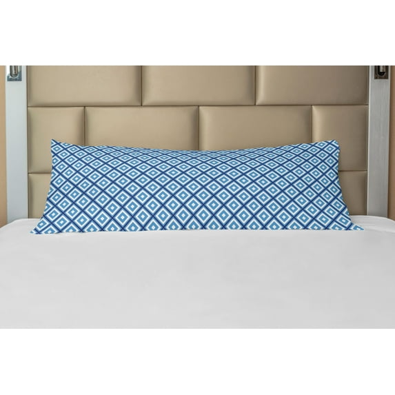 Abstract Body Pillow Case Cover with Zipper, Geometric Diamond Shaped Internal Squares Minimalist Design, Decorative Accent Long Pillowcase, Navy Sky Blue White, by Ambesonne