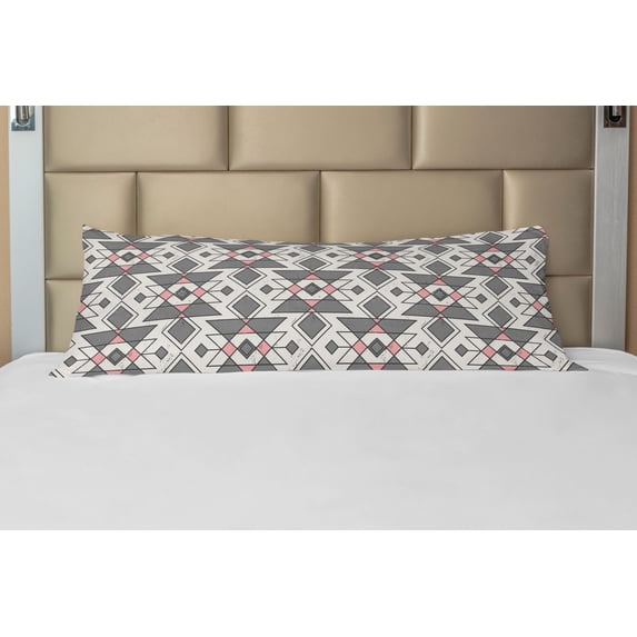 Abstract Body Pillow Case Cover with Zipper, Geometric Pattern with Traditional Culture Effects Print, Decorative Accent Long Pillowcase, Grey Pearl Pale Pink, by Ambesonne