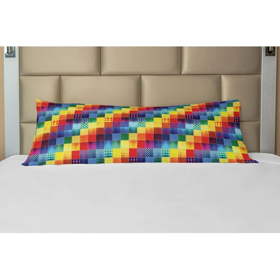 Abstract Body Pillow Case Cover with Zipper, Rainbow Colored Square Shaped Diverse Patterns Diagonal Forms Geometric, Decorative Accent Long Pillowcase, Multicolor, by Ambesonne