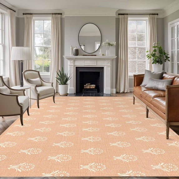 Abstract Bohemia Area Rugs 5'x8', Washable Small Throw Rugs for Classroom Bedroom, Modern Boho Floral Orange Indoor Outdoor Rug Non-Slip Low Pile Carpet Runner Reversible Floor Mats