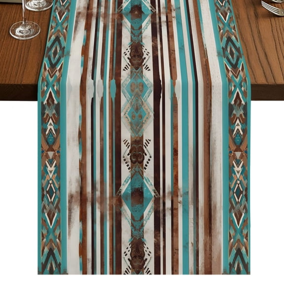 Abstract Bohemia Burlap Cotton Table Runner 13x108 Inches Long, Retro Aztec Southwestern Tribal Stripe Texture Farmhouse Table Runners, Outdoor Dining Table Decor for Baby Shower/Party/Wedding