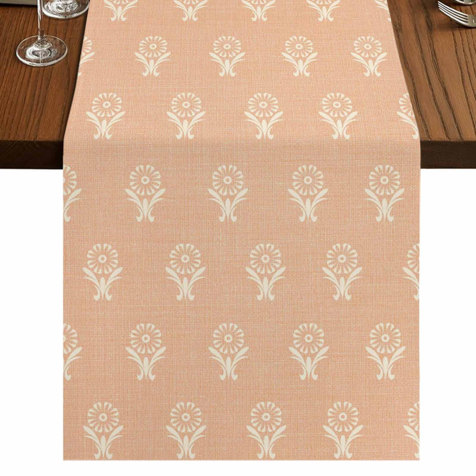 Abstract Bohemia Burlap Cotton Table Runner 13x48 Inches Long, Modern Boho Floral Orange Farmhouse Table Runners, Outdoor Dining Tablecloths Decor for Baby Shower/Party/Wedding