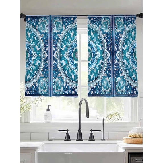 Abstract Bohemia Flower Sheer Curtains 45 Inches Long 2 Panels Blue Tribal Ethnic Light Filtering Semi Sheer Window Curtains Drapes for Bedroom Living Room 52"x45"