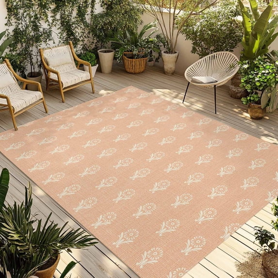 Abstract Bohemia Outdoor Rug for Patio/Deck/Porch, Non-Slip Large Area Rug 5 x 7 Ft, Modern Boho Floral Orange Indoor Outdoor Rugs Washable Area Rugs, Reversible Camping Rug Carpet Runner