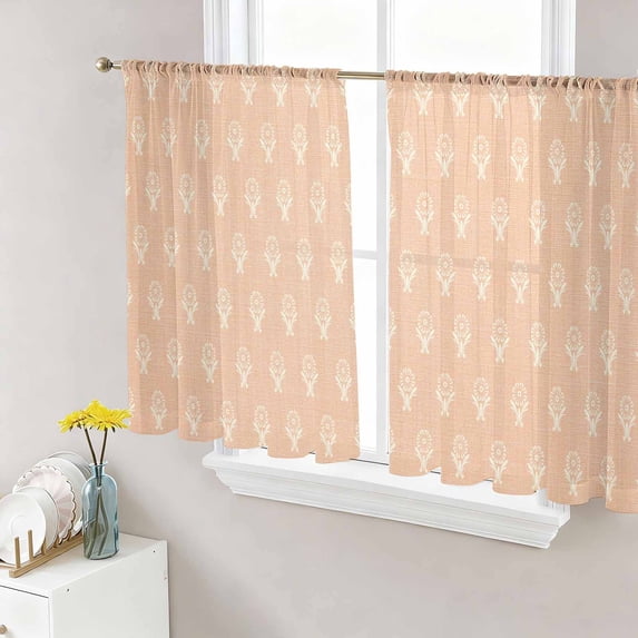 Abstract Bohemia Sheer Curtains 54 Inch Length 2 Panels Set, Modern Boho Floral Orange Voile Window Treatment Rod Pocket Short Kitchen Curtains Drapes for Bedroom 52"x54"x2