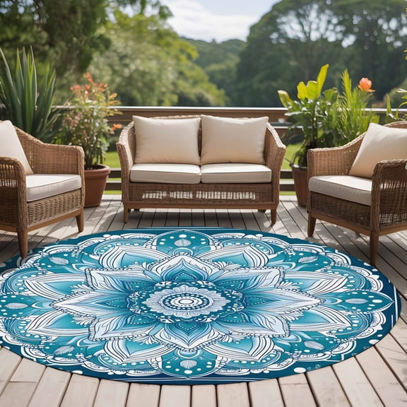 Abstract Bohemia Style 8ft Round Rug for Open Concept Living Room Seating Zone, Blue Ethnic Tribal Flowers Washable Non Slip Large Circle Area Rug