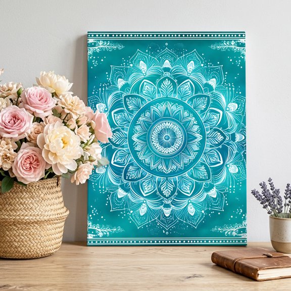 Abstract Bohemia Style Canvas Wall Art, Blue Tribal Ethnic Framed Canvas Wall Decor Picture Print Artwork Decorations for Living Room Office Ready to Hang 32" x 24"